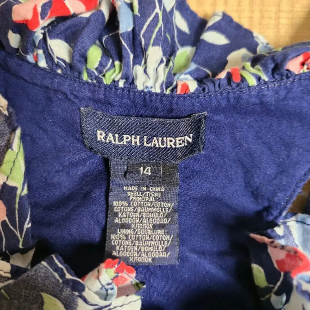 Ralph Lauren Girls Floral Dress Size 14 Blue Ruffle Cotton Lined Sleeveless